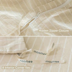 MooMee Striped Duvet Cover Set 100% Washed Cotton Linen Like Textured Breathable Durable Soft Comfy (Almond Milk Grey White Wide Stripes, Oversized King Plus 128"x120")