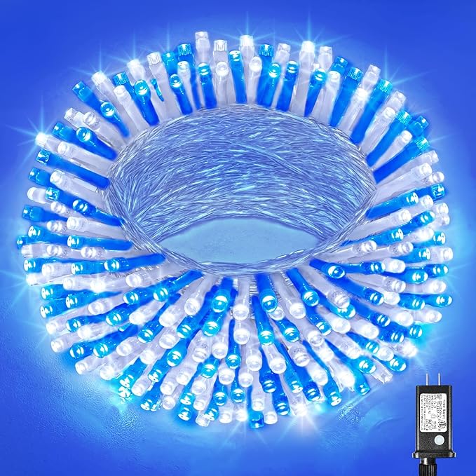 Vivideal 200 LED Christmas Lights Outdoor, 66ft Christmas String Lights 8 Modes Plug in Waterproof Fairy Lights with Timer Memory for Indoor Outside Bedroom Home Party Decoration, Blue&White