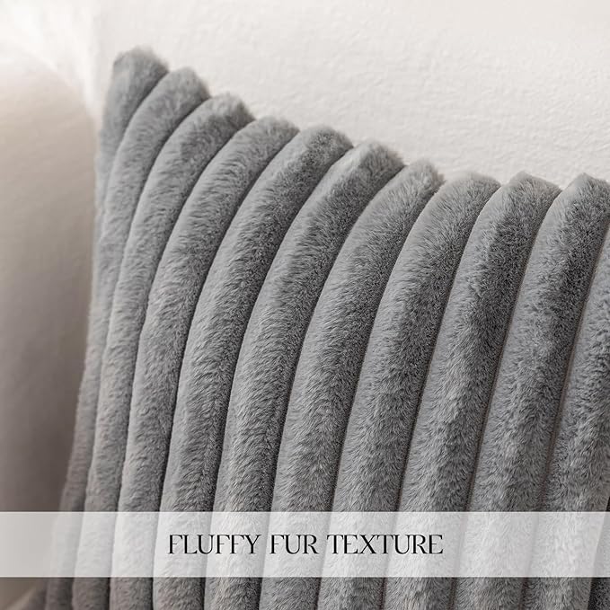 MOSAYT Faux Fur Throw Pillow Covers 20x20, Set of 2, Plush Velvet Soft Pillow Case,Fluffy Striped Decorative Couch Pillow Covers for Sofa, Bedroom, Living Room(Grey)
