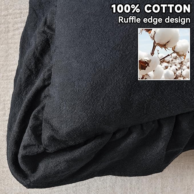 AmHoo Pack of 2 Throw Pillow Covers 100% Cotton Pre Washed Ruffle Decorative Pillowcase Cushion for Couch Sofa Bedroom 18 x 18-Inch Black