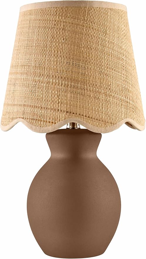 BoutiqueRugs Liliac Boho Ceramic and Jute Bedside Table Lamp for Bedroom Nightstand - End Side Lighting for Living Room - Shade Rattan - Brown, Beige - 15" H