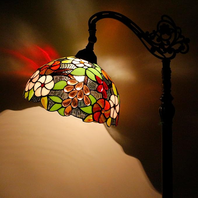 Tiffany Floor Lamp Stained Glass Purple Grape Style Arched Reading Light Gooseneck Adjustable Corner Standing Lamp 12X16X66 Inch for Bedroom Living Room Home Office