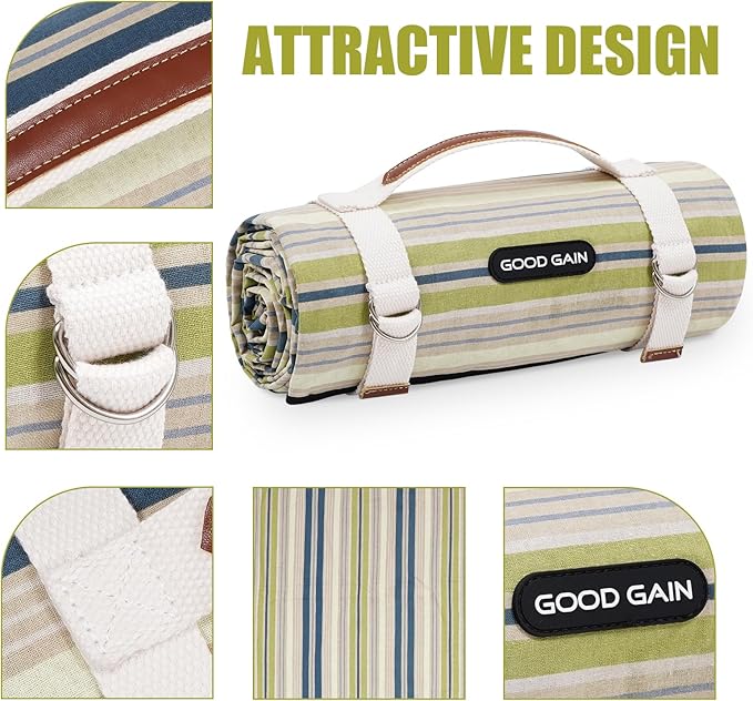 G GOOD GAIN Waterproof Picnic Blanket Portable with Carry Strap for Beach Mat or Family Outdoor Camping Party（Chartreuse）