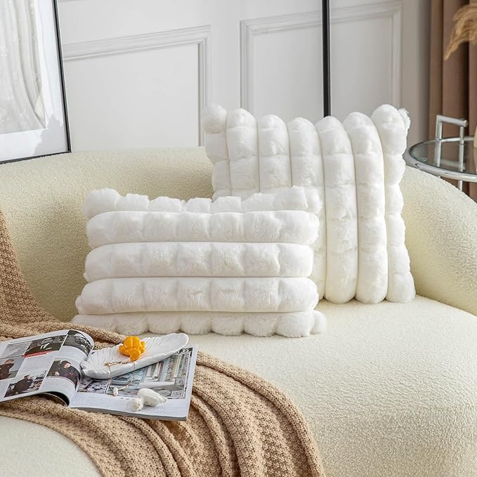 Neelvin Cream White Faux Fur Cozy Soft Plaid Decorative Throw Pillow Covers 16x16 inch Set of 2,Velvet Pillowcase Cushion Case for Sofa Couch