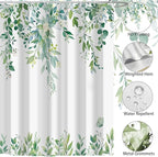 Eucalyptus Shower Curtain, Light Green Watercolor Leaves with Floral Botanical Bathroom Decor, Waterproof Fabric Bath Curtain Set with Hooks, 72x84 Inches