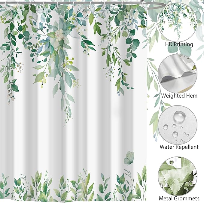 Eucalyptus Shower Curtain, Light Green Watercolor Leaves with Floral Botanical Bathroom Decor, Waterproof Fabric Bath Curtain Set with Hooks, 72x84 Inches