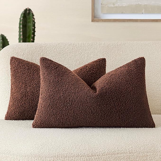 Foindtower Pack of 2, Curly Faux Fur Decorative Throw Pillow Covers Soft Fuzzy Plush Cushion Case with Zipper Cozy Pillowcase for Home Living Room Couch Bed Sofa 12 x 20 Inch,Red Brown