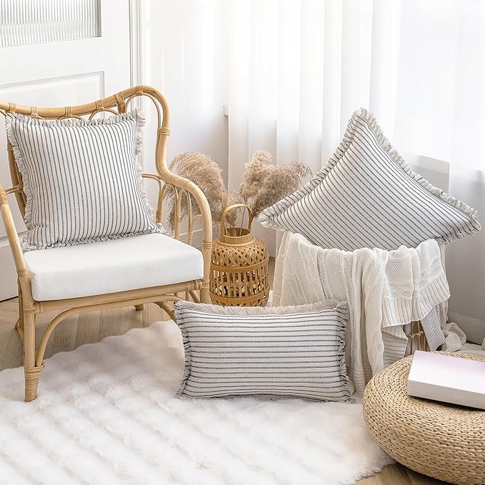 Throw Pillow Covers 18x18 Set of 2 Striped Fringe Pillow Cover Farmhouse Cushion Covers with Tassel Neutral Boho Pillows Decorative Square Pillowcase for Couch Sofa Bed, Black