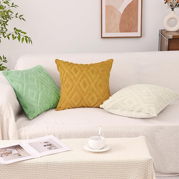 Pallene Sage Green Throw Pillow Covers 18x18 Set of 2, Soft Plush Faux Fur Decorative Couch Pillow Covers for Sofa Bed Living Room Pillow Cases with 3D Diamond Pattern