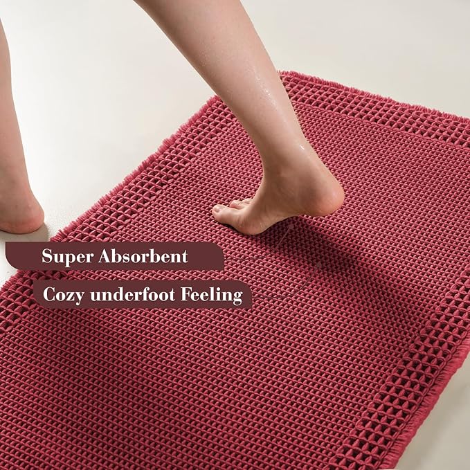 RESARE Waffle Bath Mat for Bathroom, Super Absorbent Bathroom Rugs Non Slip Machine Washable, Ultra Soft Quick Dry Boho Bath Rugs with Tassels for Floor, Upgraded Bordered Design, 24"x36" Red