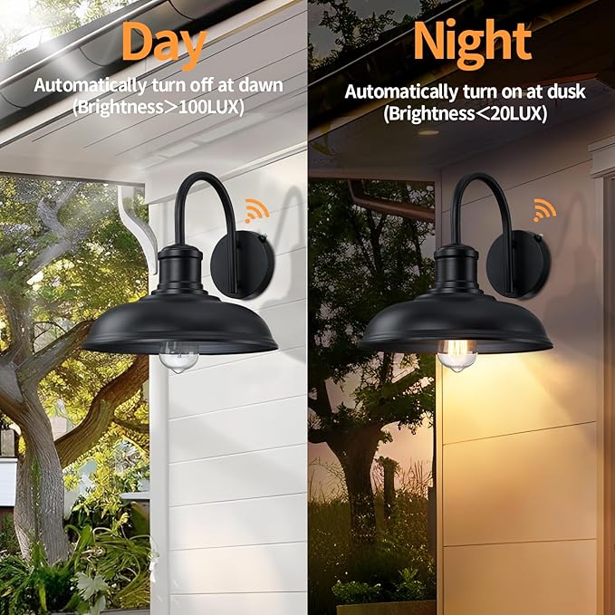 12'' Diameter Large Dusk to Dawn Outdoor Gooseneck Barn Light, 2-Pack Outdoor Wall Sconce Farmhouse Exterior Light Wall Lighting Fixture Industrial Black Wall Lantern for Porch, Garage, Black