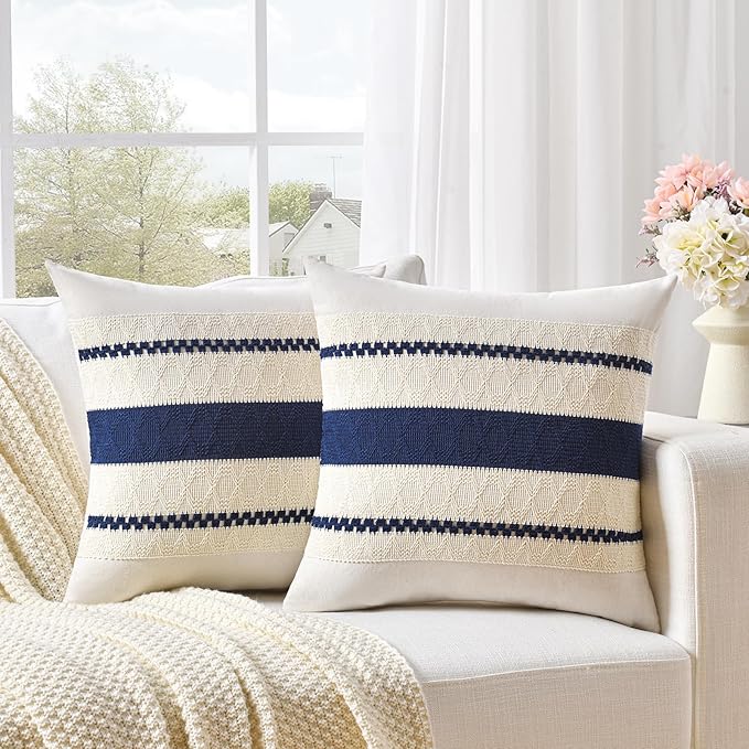 Fancy Homi Set of 1 Navy Blue Decorative Throw Pillow Covers 22x22 Inch for Couch Bed Sofa Living Room Office, Aesthetic Modern Organic Farmhouse Home Decor, Soft Cotton Woven Textured Cushion Case
