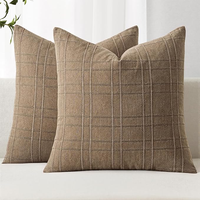MIULEE Decorative Linen Check Throw Pillow Covers Neutral Farmhouse Vintage Pillow Covers 20x20 Set of 2 Boho Modern Winter Home Decor for Sofa Couch Bedroom Cushion Light Brown