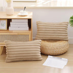 Pallene Faux Fur Plush Lumbar Throw Pillow Covers 12x20 Set of 2, Luxury Soft Fluffy Striped Decorative Pillow Covers for Sofa, Couch, Living Room, Khaki