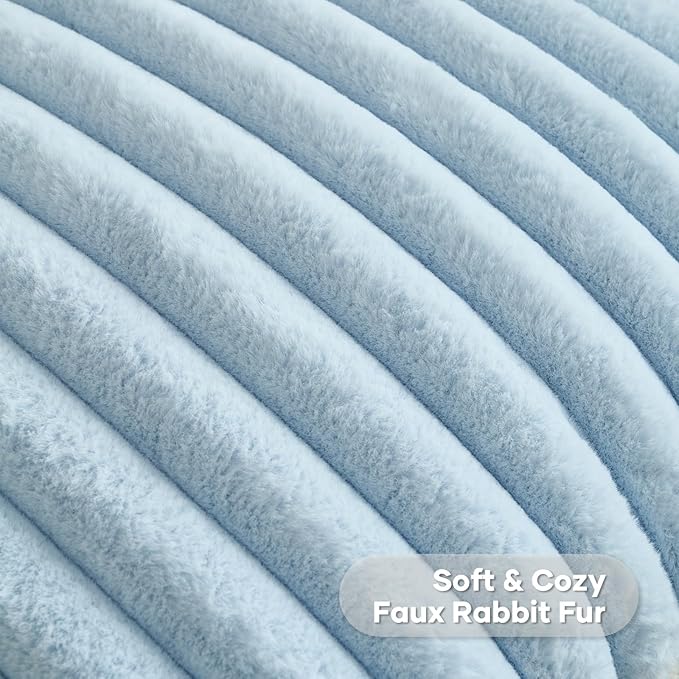 FUTEI Light Blue Striped Decorative Throw Pillow Covers 22x22 Inch Set of 2,Square Winter Decorations Couch Pillow Case,Soft Cozy Faux Rabbit Fur & Velvet Back,Modern Home Decor for Bed