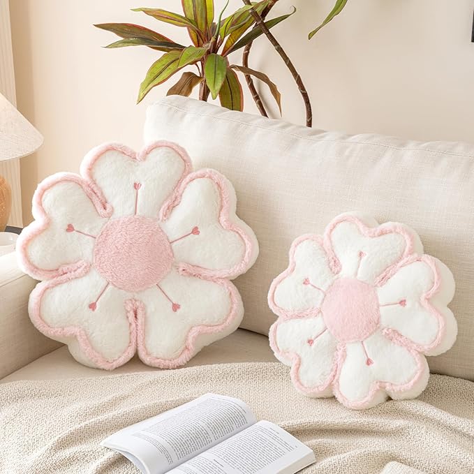 Flower Shaped Decorative Throw Pillow Cushion for Bed Couch, Cute Flower Plush Throw Pillows Home Decor Floor Pillow Seating Cushions (Ivory White, 13.7 Inches)