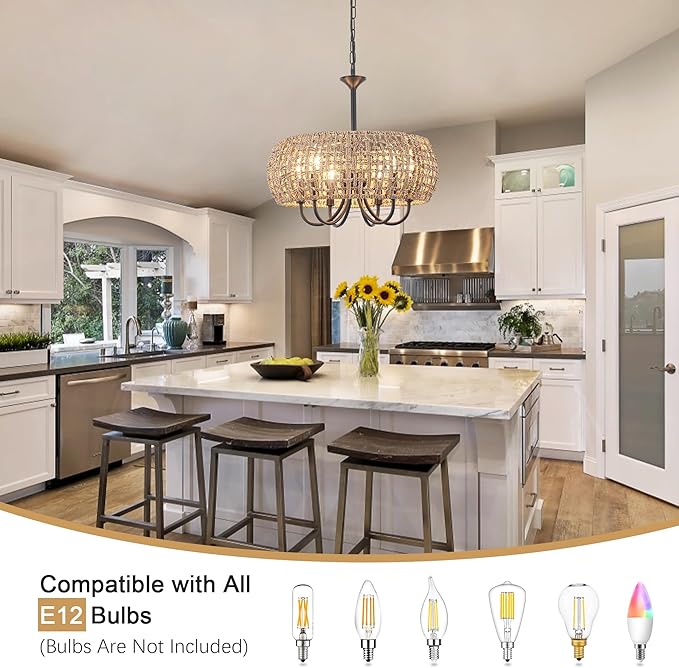 6-Light Rattan Chandelier Light Fixture, 18.11'' Wicker Chandelier Boho Kitchen Light Fixtures, Rattan Pendant Light Rustic Farmhouse Chandeliers for Dining Room Living Room Foyer
