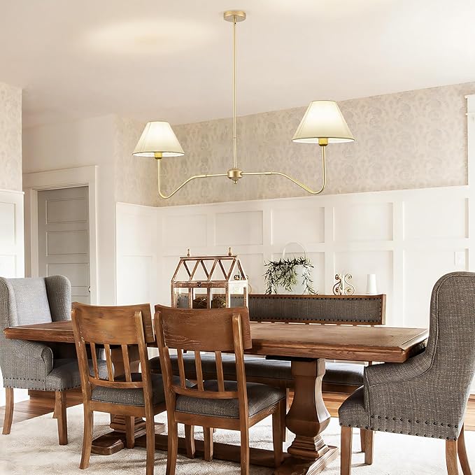 2-Light Gold Modern Linear Chandelier, 55 Inch Farmhouse Kitchen Island Lighting with White Fabric Shades, Dining Room Light Fixtures for Living Room Bedroom, Height Adjustable