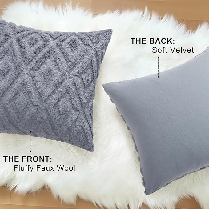 decorUhome Couch Throw Pillow Covers 26x26 Set of 2, Decorative Soft Plush Faux Wool Neutral Accent Pillow Covers for Bed Sofa Living Room, Blue Grey