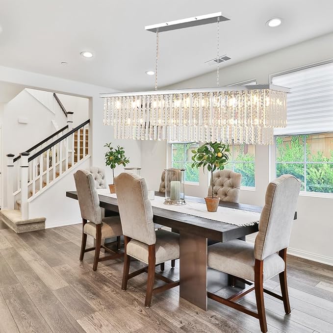 Modern Dining Room Chandelier Luxury Rectangular Chrome Crystal Chandelier Over Table, Linear Lighting Fixture for Living Room, Bedroom, Kitchen Island, Pool Table(L55 Inch)