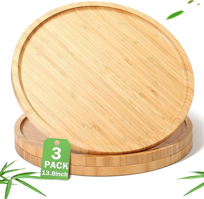 Meanplan 3 Pcs Round Wood Trays Round Charcuterie Board Bulk Bamboo Serving Platter with Rim Polished Wooden Vegetable Platter for Holding Fruit Bread Pizza Party Decor Christmas Supplies (13.8 Inch)