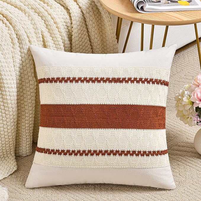 Fancy Homi Set of 1 Rust Boho Decorative Throw Pillow Covers 22x22 Inch for Couch Bed Sofa, Aesthetic Modern Organic Fall Room Decor, Soft Cotton Cute Terracotta Textured Farmhouse Cushion Case