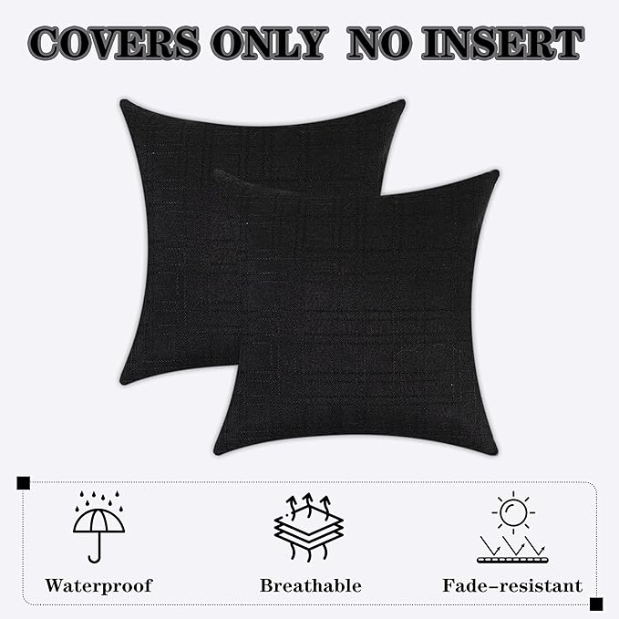 Kevin Textile Pack of 2 Outdoor Waterproof Pillow Covers Throw Pillow Covers Decorative Pillowcases Classic Checkered Pillow Cases for Sofa Couch Patio Garden 24x24 Inch Black
