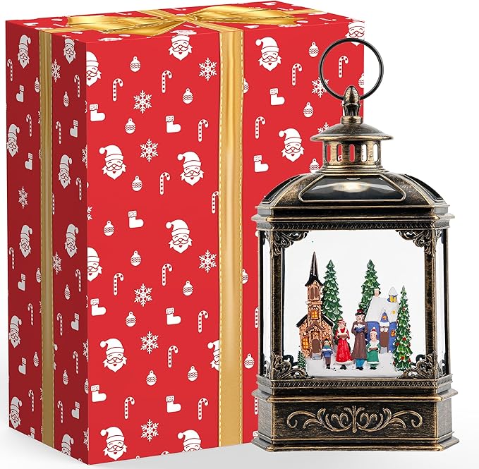 Christmas Snow Globe Lantern Water Glittering Town Home with Carolers, Music & Timer, USB Lined/Battery Operated Lighted Lantern for Christmas Festival Decoration Gifts