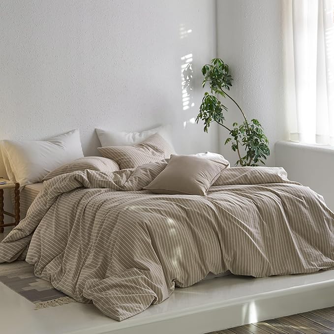 MooMee Striped Duvet Cover Set 100% Washed Cotton Linen Like Textured Breathable Durable Soft Comfy (Tannish Linen Grey White Wide Stripes, Oversized Queen 98"x98")
