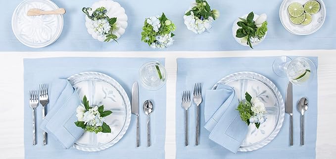 Solino Home Linen Sky Blue Table Runner 120 Inches Long - 100% Pure Linen Hemstitch 14 x 120 Inch Table Runner for Dining, Holiday - Classic Hemstitch