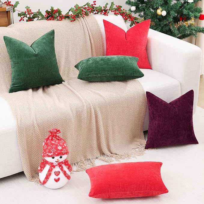 decorUhome Chenille Red Throw Pillow Covers 12x20 Inch Set of 2, Decorative Soft Couch Pillow Covers Solid Dyed Accent Velvet Farmhouse Neutral Rectangle Christmas Pillow Cases for Sofa Living Room