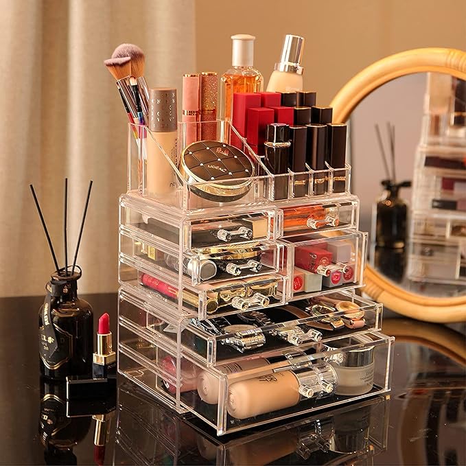 Cq acrylic 3 Pack Clear Skincare Organizer for Vanity, Stackable 7 Drawers Make Up Organizer,Cute Cosmetic Organizer for Vanity Jewelry,Hair Clip,Beauty,Skincare Product Dresser Acrylic Desk Organizer