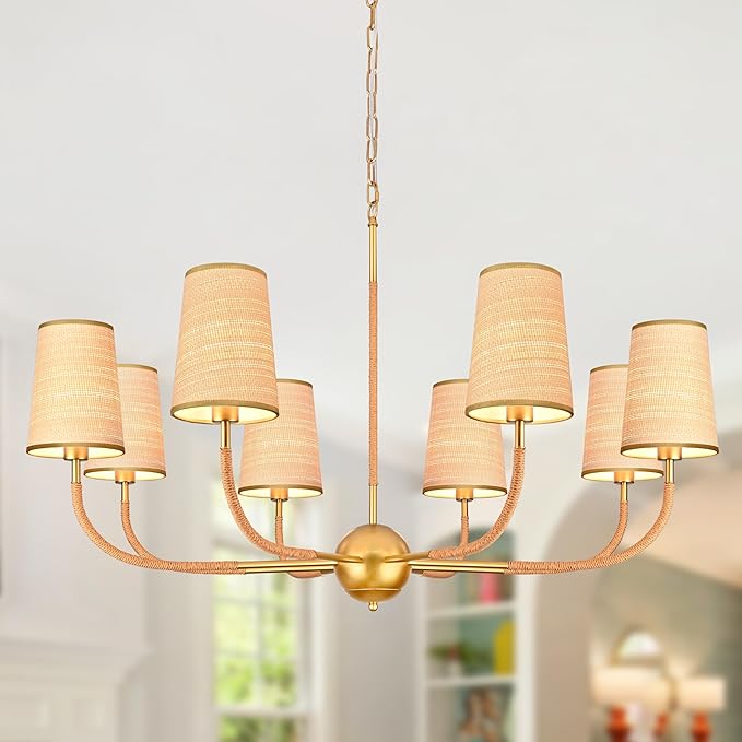39" Gold Boho Rattan Chandelier for Living Room 8-Light Large Coastal Boho Pendant Light Fixture Bedroom Adjustable Rustic Farmhouse Chandeliers for Dining Room Kitchen Island Foyer