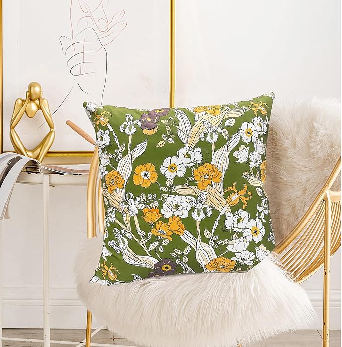 Decorative Throw Pillow Covers Set of 2 Green Pillow Covers 20x20 inch Soft Short Plush Square Freesia Floral Throw Pillows,Farmhouse Outdoor Pillow Covers for Couch Sofa Bed Living Room