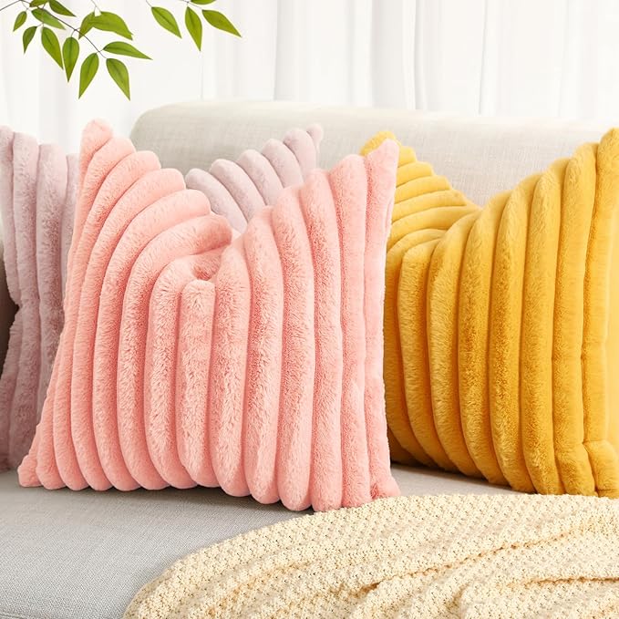 decorUhome Faux Fur Throw Pillow Covers 16x16 Set of 2, Decorative Soft Plush Striped Neutral Couch Euro Pillow Covers with Velvet Back for Sofa, Bed, Living Room Home Decor, Blush Pink