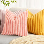 decorUhome Faux Fur Throw Pillow Covers 18x18 Set of 2, Decorative Soft Plush Striped Neutral Couch Euro Pillow Covers with Velvet Back for Sofa, Bed, Living Room Home Decor, Blush Pink