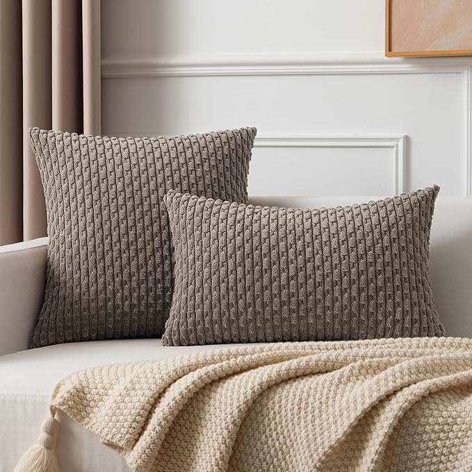 Kevin Textile Throw Pillow Covers Soft Corduroy Decorative Set of 2 Boho Striped Pillow Covers Pillowcases Farmhouse Home Decor for Couch Bed Sofa Living Room 24x24 Inch Light Brown