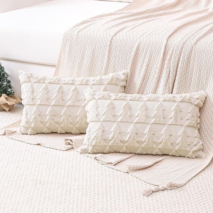 OTOSTAR Set of 2 Soft Plush Short Wool Velvet Decorative Throw Pillow Covers Square Luxury Style Cushion Case Pillow Shell for Sofa Bedroom Christmas Tree Cream Beige, 12x20 Inch