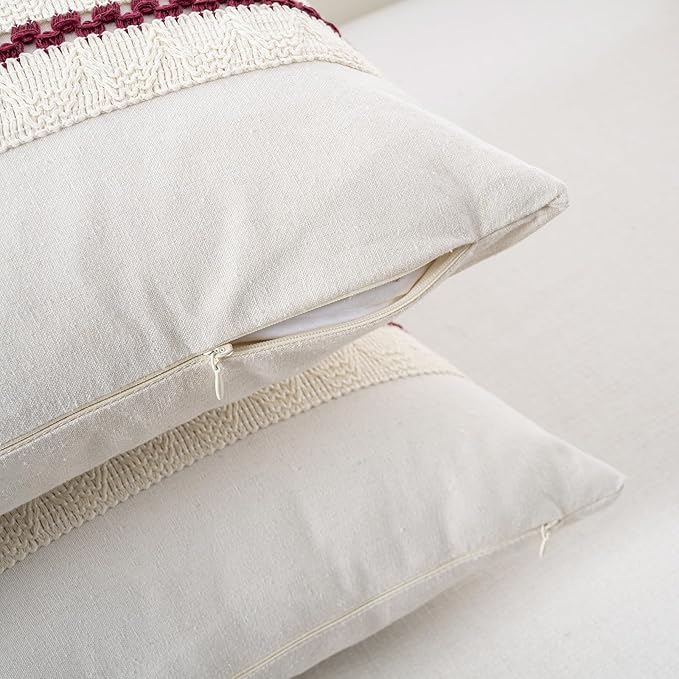 Fancy Homi Set of 2 Burgundy Boho Euro Decorative Throw Pillow Covers 26x26 Inch for Couch Bed Sofa, Aesthetic Modern Farmhouse Christmas Room Decor, Soft Cotton Cute Textured Cushion Case