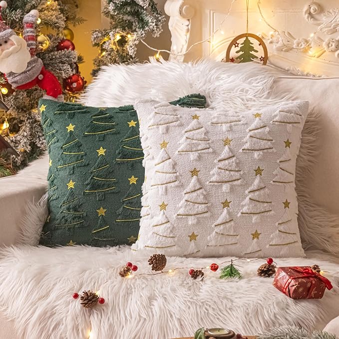 AQOTHES Christmas Tree Decorative Green White Throw Pillow Covers 18x18 Set of 2, Faux Fur Farmhouse Throw Pillows Cushion Cases for Xmas Winter Holiday Home Decor