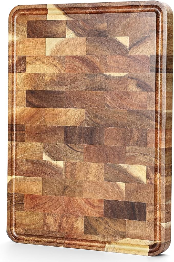 XINZUO Acacia Wood End Grain Cutting Board (13.8''L x 9.8''W x 1''T)-Wooden Chopping Board with Non-Slip Feet, Side Handles and Juice Groove