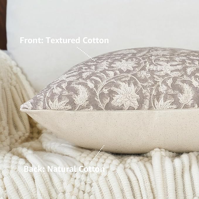 Floral Throw Pillow Covers 20x20 Farmhouse Block Print Pillow Covers Decorative Pillow Covers Couch Pillows for Living Room Vintage Accent Sofa Pillows Set of 2, Taupe Grey