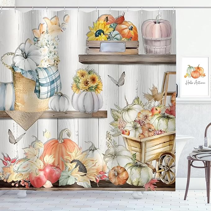 Fall Pumpkin Shower Curtain Autumn Leaves Sunflower Farmhouse Harvest Thanksgiving Bathroom Curtains Waterproof Polyester Fabric Bath Curtain 72 x 72 Inch with 12 Plastic Hooks