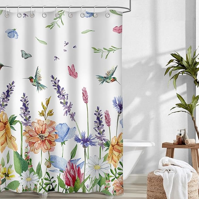 Hummingbird Floral Shower Curtains for Bathroom, Spring Summer Bathroom Decor Flower Shower Curtain Set - 72x72 Inch Waterproof Fabric Shower Curtain with Hooks Bathtub Curtain