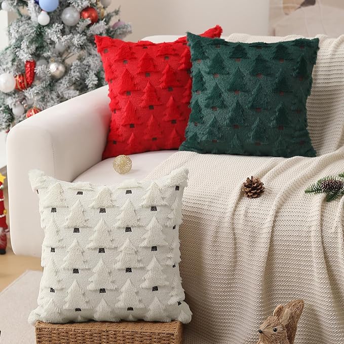 Christmas Pillow Covers 20x20 inch Set of 2 Christmas Decorations Soft Plush Faux Fur Wool Cream White Xmas Tree Throw Pillow Cases Winter Holiday Decor for Sofa Living Room PT-002D20