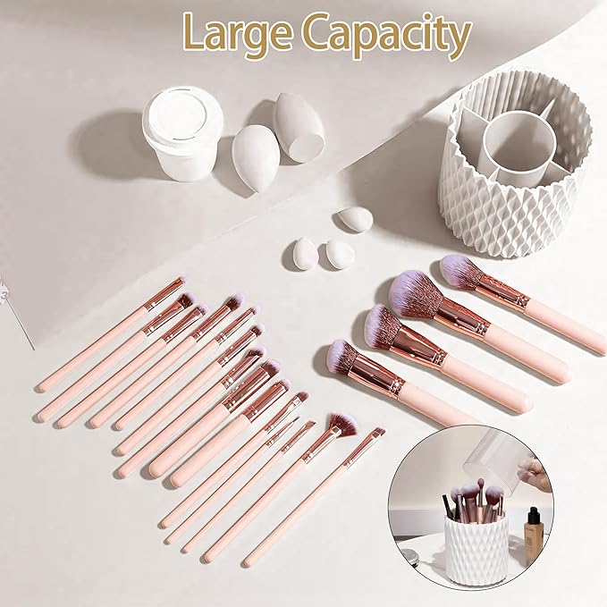 Makeup Brush Holder, 360° Rotating Makeup Brush Organizer with 5 Slots, Clear Dustproof Makeup Brush Holder with Lid, Make Up Organizers for Vanity Bathroom Countertop