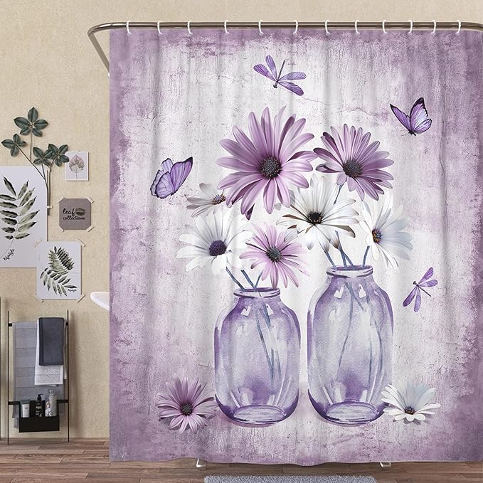 Rustic Farmhouse Purple Floral Shower Curtain, Violet Daisy Flowers Butterfly Dragonfly on Abstract Aesthetic Country Wooden Boho Shower Curtain Set, White Bathroom Accessory Sets with Hooks, 70X75