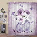 Rustic Farmhouse Purple Floral Shower Curtain, Violet Daisy Flowers Butterfly Dragonfly on Abstract Aesthetic Country Wooden Boho Shower Curtain Set, White Bathroom Accessory Sets with Hooks, 36X70