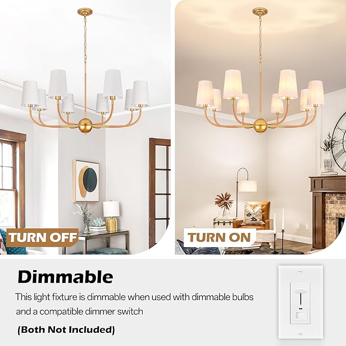 39" Gold Boho Fabric Chandelier for Living Room 8-Light Large Coastal Boho Pendant Light Fixture Bedroom Adjustable Rustic Farmhouse Chandeliers for Dining Room Kitchen Island Foyer