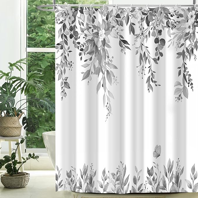 Eucalyptus Shower Curtain, Grey Watercolor Leaves with Floral Botanical Bathroom Decor, Waterproof Fabric Bath Curtain Set with Hooks, 72x72 Inches
